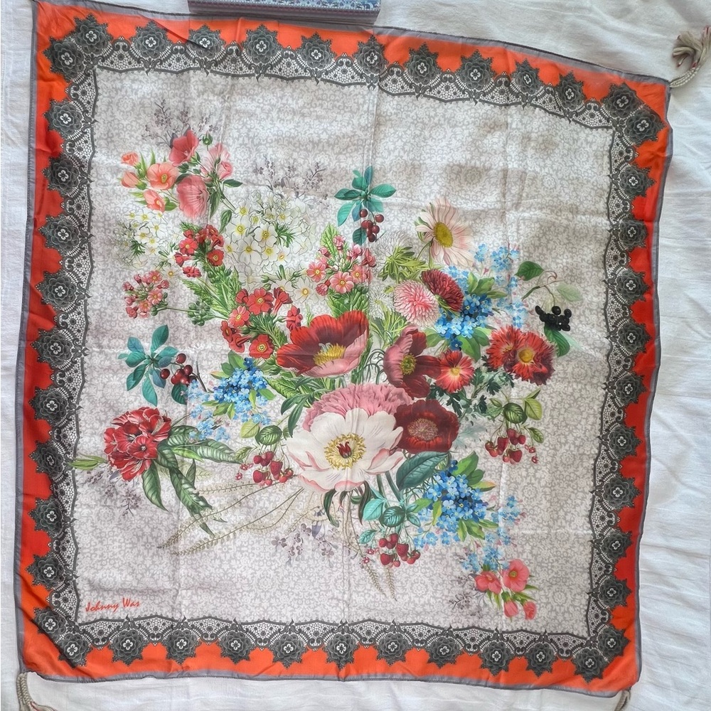 Johnny Was Vibrant Floral Scarf with Orange and Grey Border Tassels on Corners